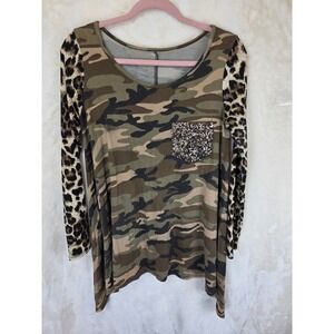 Unbranded Camo Leopard Print Sequin Pocket Tunic Top Long Sleeve Small‎